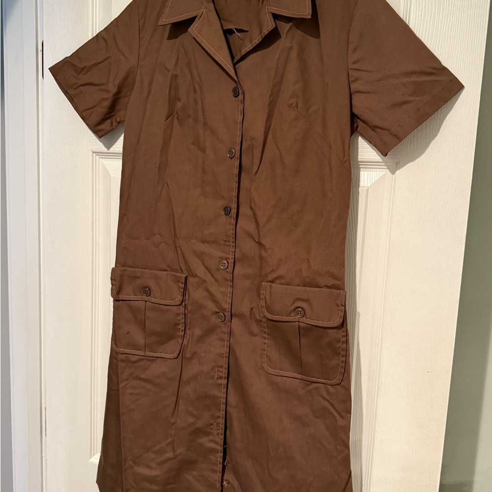 Brown Short Sleeve Button-Up Exclusive Lady Bird Vintage Dress